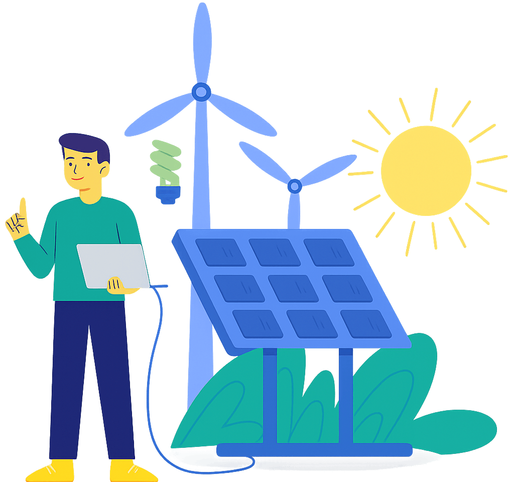 joven conectando laptop de un panel solar